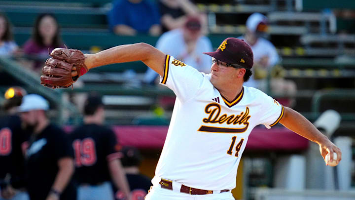 Arizona State pitcher Cole Carlon (14) pitches against Oklahoma State during a game at Phoenix Municipal Stadium in Phoenix, on May 8, 2026.