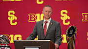 Jul 24, 2025; Las Vegas, NV, USA; USC head coach Lincoln Riley speaks to the media during the Big Ten NCAA college football media days at Mandalay Bay Resort. Mandatory Credit: Lucas Peltier-Imagn Images
