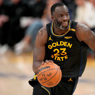 May 12, 2025; San Francisco, California, USA; Golden State Warriors forward Draymond Green (23) dribbles the ball against the Minnesota Timberwolves in the fourth quarter during game four of the second round for the 2025 NBA Playoffs at Chase Center. Mandatory Credit: Cary Edmondson-Imagn Images
