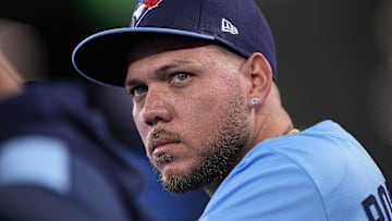 Apr 30, 2025; Toronto, Ontario, CAN; Toronto Blue Jays starting pitcher Yariel Rodriguez (29) on the bench during the second inning against the Boston Red Sox at Rogers Centre. 