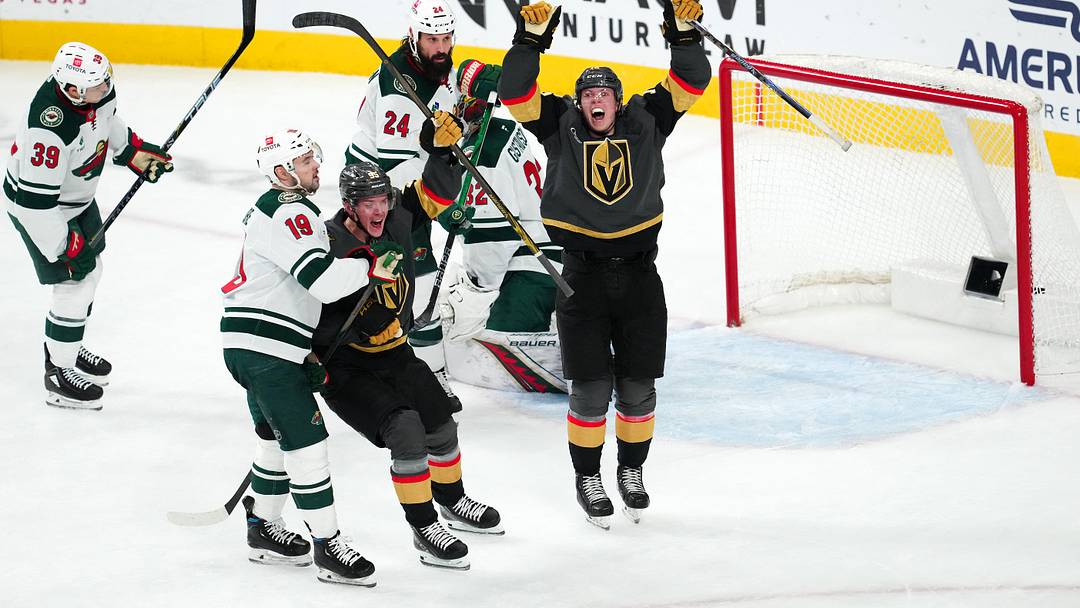 Jan 12, 2025; Las Vegas, Nevada, USA; Vegas Golden Knights left wing Pavel Dorofeyev (16) and Vegas Golden Knights right wing Victor Olofsson (95) celebrate after Vegas Golden Knights center Tomas Hertl (48) scored a goal against the Minnesota Wild during the third period at T-Mobile Arena. Mandatory Credit: Stephen R. Sylvanie-Imagn Images Jan 12, 2025; Las Vegas, Nevada, USA; Vegas Golden Knights left wing Pavel Dorofeyev (16) and Vegas Golden Knights right wing Victor Olofsson (95) celebrate after Vegas Golden Knights center Tomas Hertl (48) scored a goal against the Minnesota Wild during the third period at T-Mobile Arena. Mandatory Credit: Stephen R. Sylvanie-Imagn Images
