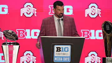 Jul 22, 2025; Las Vegas, NV, USA; Ohio State head coach Ryan Day speaks to the media during the Big Ten NCAA college football media days at Mandalay Bay Resort. Mandatory Credit: Lucas Peltier-Imagn Images