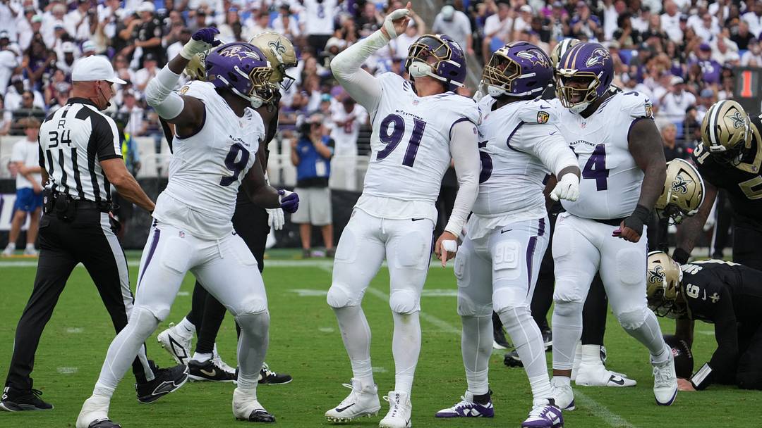 Sep 20, 2026; Baltimore, Maryland, USA; Baltimore Ravens linebacker Trey Hendrickson (91) reacts after a sack in the third quarter against the New Orleans Saints at M&T Bank Stadium. Mandatory Credit: James Lang-Imagn Images Sep 20, 2026; Baltimore, Maryland, USA; Baltimore Ravens linebacker Trey Hendrickson (91) reacts after a sack in the third quarter against the New Orleans Saints at M&T Bank Stadium. Mandatory Credit: James Lang-Imagn Images