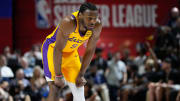 Jul 12, 2024; Las Vegas, NV, USA; Los Angeles Lakers guard Bronny James (9) competes against the Houston Rockets during the first half at Thomas & Mack Center.