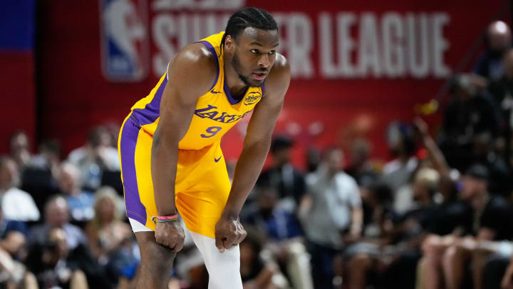 Jul 12, 2024; Las Vegas, NV, USA; Los Angeles Lakers guard Bronny James (9) competes against the Houston Rockets during the first half at Thomas & Mack Center.