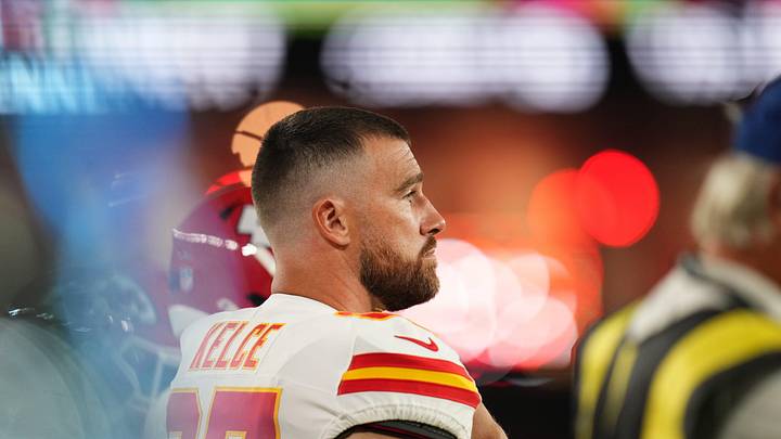 Kansas City Chiefs tight end Travis Kelce (87) stands on the sidelines during their preseason game against the Arizona Cardinals at State Farm Stadium on Aug. 9, 2025.