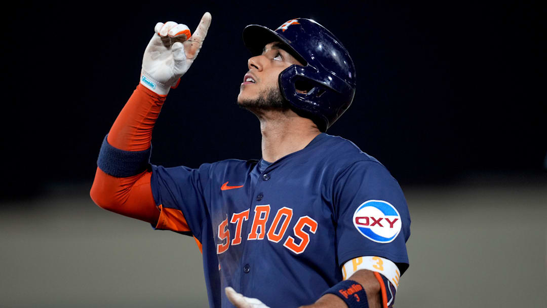 Jun 18, 2025; West Sacramento, California, USA; Houston Astros shortstop Jeremy Pena (3) reacts after hitting a single against the Athletics in the seventh inning at Sutter Health Park.