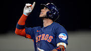 Jun 18, 2025; West Sacramento, California, USA; Houston Astros shortstop Jeremy Pena (3) reacts after hitting a single against the Athletics in the seventh inning at Sutter Health Park.