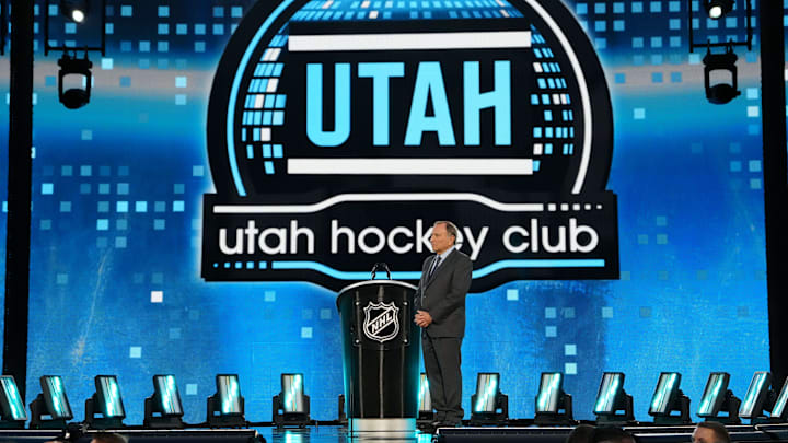 Jun 28, 2024; Las Vegas, Nevada, USA; NHL Commissioner Gary Bettman looks on as Utah Hockey Club is on the clock during the first round of the 2024 NHL Draft at The Sphere. Mandatory Credit: Joe Camporeale-Imagn Images