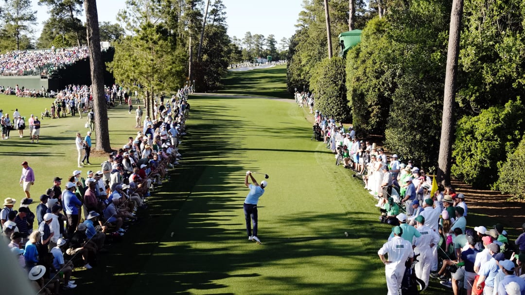 Apr 13, 2024; Augusta, Georgia, USA; Ludvig Aberg tees off on No. 18 during the third round of the