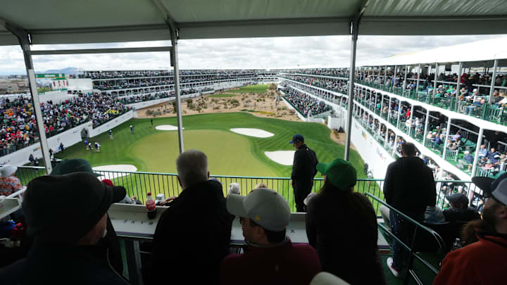 The grand stands at the 16th hole at TPC Sawgrass set up for a perfect atmosphere for a hole in one.