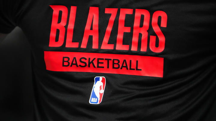 Jan 17, 2023; Denver, Colorado, USA; Detailed view of a Portland Trail Blazers logo warmup jersey before the game against the Denver Nuggets at Ball Arena. Mandatory Credit: Ron Chenoy-USA TODAY Sports