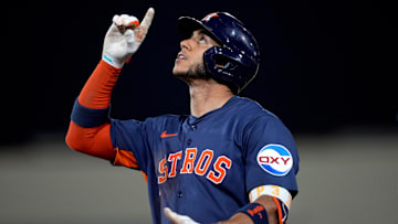 Jun 18, 2025; West Sacramento, California, USA; Houston Astros shortstop Jeremy Pena (3) reacts after hitting a single against the Athletics in the seventh inning at Sutter Health Park