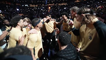 Mar 1, 2024; Toronto, Ontario, CAN; Toronto Raptors huddle up before a game against the Golden State Warriors during the first half at Scotiabank Arena. 