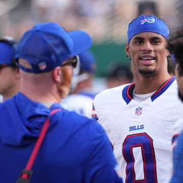 Sep 14, 2025; East Rutherford, New Jersey, USA;  Buffalo Bills wide receiver Keon Coleman (0) after the game against the New York Jets at MetLife Stadium