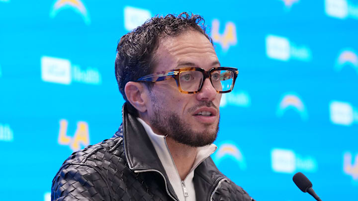 January 27, 2026; El Segundo, California, USA; Los Angeles Chargers offensive coordinator Mike McDaniel speaks at introductory press conference at The Bolt. Mandatory Credit: Kirby Lee-Imagn Images