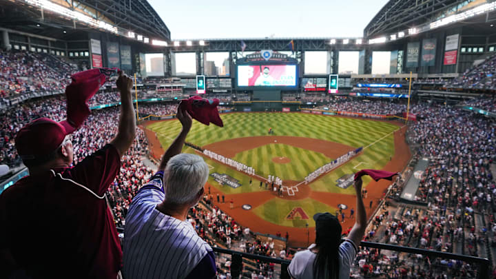 Oct 11, 2023; Phoenix, AZ, USA; Fans cheer from the stands before the Arizona Diamondbacks play the Los Angeles Dodgers during their National League Division Series game at Chase Field.