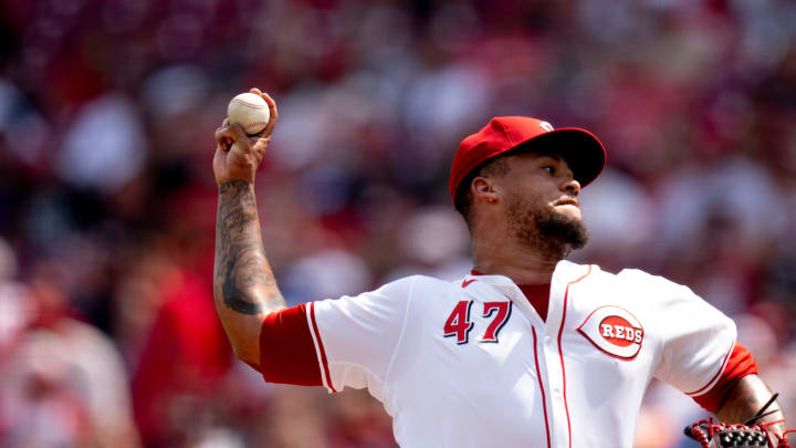 Cincinnati Reds pitcher Frankie Montas (47) delivers a pitch in the first inning of the MLB baseball game between the Cincinnati Reds and the Boston Red Sox at Great American Ball Park in Cincinnati on Saturday, June 22, 2024.