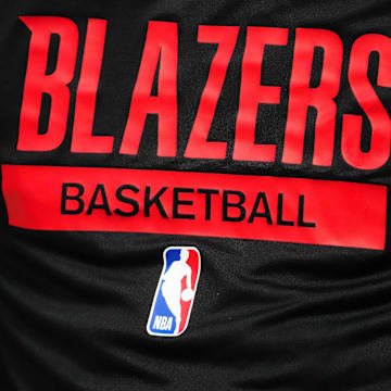 Jan 17, 2023; Denver, Colorado, USA; Detailed view of a Portland Trail Blazers logo warmup jersey before the game against the Denver Nuggets at Ball Arena. Mandatory Credit: Ron Chenoy-Imagn Images