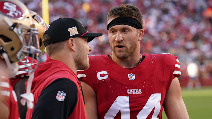 Sep 9, 2024; Santa Clara, California, USA; San Francisco 49ers fullback Kyle Juszczyk (44) talks with running back Christian McCaffrey (23) on the sideline during the second quarter against the New York Jets at Levi's Stadium. Mandatory Credit: David Gonzales-Imagn Images