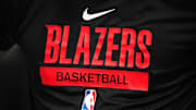 Detailed view of a Portland Trail Blazers logo warmup jersey before a game against the Denver Nuggets.