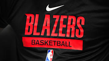 Detailed view of a Portland Trail Blazers logo warmup jersey before a game against the Denver Nuggets.