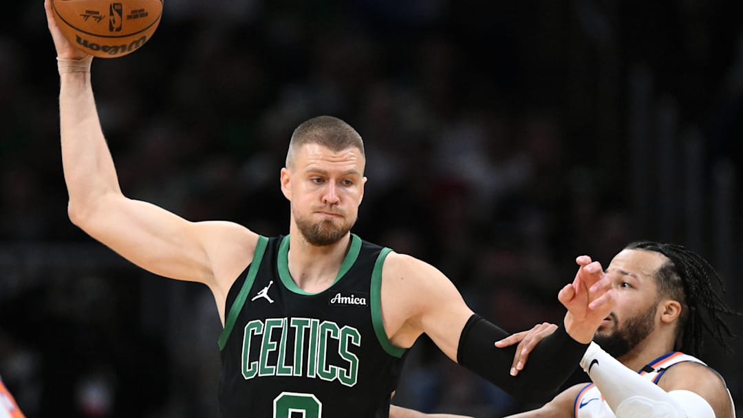 Kristaps Porzingis being defend by Jalen Brunson during game five of the Eastern Conference Semi-Finals. 