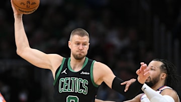 Kristaps Porzingis being defend by Jalen Brunson during game five of the Eastern Conference Semi-Finals. 