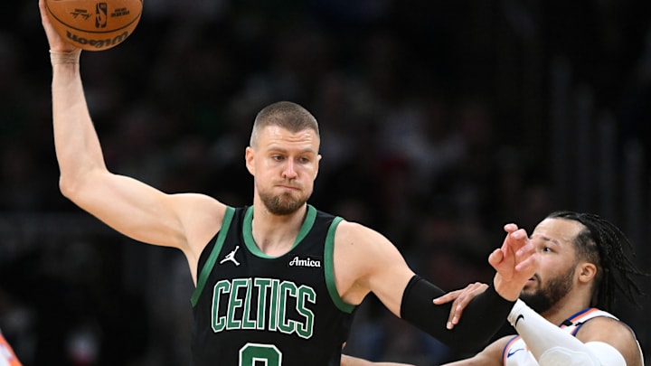 Kristaps Porzingis being defend by Jalen Brunson during game five of the Eastern Conference Semi-Finals. 