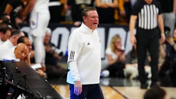 Feb 24, 2025; Boulder, Colorado, USA; Kansas Jayhawks head coach Bill Self reacts in the first half against the Kansas Jayhawks at the CU Events Center. Mandatory Credit: Ron Chenoy-Imagn Images