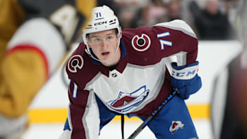 Oct 9, 2024; Las Vegas, Nevada, USA; Colorado Avalanche center Calum Ritchie (71) during the third period against the Vegas Golden Knights at T-Mobile Arena. Mandatory Credit: Lucas Peltier-Imagn Images