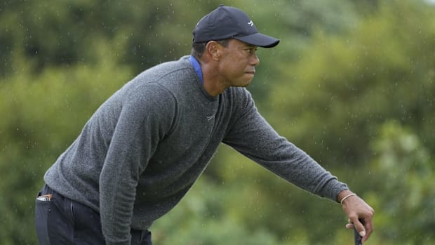 Tiger Woods on the 11th green during the first round of the 2024 British Open.