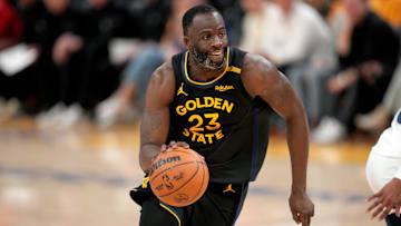 May 12, 2025; San Francisco, California, USA; Golden State Warriors forward Draymond Green (23) dribbles the ball against the Minnesota Timberwolves in the fourth quarter during game four of the second round for the 2025 NBA Playoffs at Chase Center. Mandatory Credit: Cary Edmondson-Imagn Images