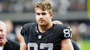 Oct 12, 2025; Paradise, Nevada, USA; Las Vegas Raiders tight end Michael Mayer (87) reacts after the game against the Tennessee Titans at Allegiant Stadium. Mandatory Credit: Stephen R. Sylvanie-Imagn Images