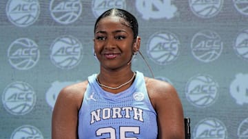 Oct 24, 2023; Charlotte, NC, USA; North Carolina player Deja Kelly during the ACC Women s Tipoff at Hilton Charlotte Uptown. Mandatory Credit: Jim Dedmon-USA TODAY Sports