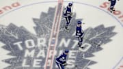 May 18, 2025; Toronto, Ontario, CAN; Toronto Maple Leafs forward Scott Laughton (24), forward Max Domi (11) and forward John Tavares (91) during warm up before game seven of the second round of the 2025 Stanley Cup Playoffs against the Florida Panthers at Scotiabank Arena. Mandatory Credit: John E. Sokolowski-Imagn Images