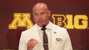 Minnesota head coach P.J. Fleck speaks to the media during the Big Ten Media Days.