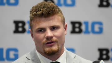 Jul 23, 2025; Las Vegas, NV, USA; Oregon linebacker Bryce Boettcher speaks to the media during the Big Ten NCAA college football media days at Mandalay Bay Resort. Mandatory Credit: Lucas Peltier-Imagn Images