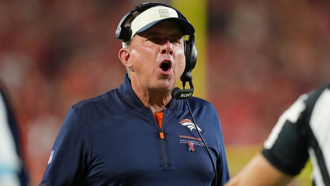 Denver Broncos head coach Sean Payton reacts at GEHA Field at Arrowhead Stadium.  