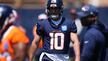 Jun 10, 2025; Denver, CO, USA; Denver Broncos quarterback Bo Nix (10) during minicamp at Broncos Park Powered by CommonSpirit. Mandatory Credit: Ron Chenoy-Imagn Images