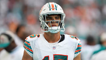 Oct 29, 2023; Miami Gardens, Florida, USA; Miami Dolphins linebacker Jaelan Phillips (15) walks on the sidelines during the second half against the New England Patriots at Hard Rock Stadium. Mandatory Credit: Jasen Vinlove-Imagn Images