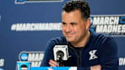 Xavier Musketeers head coach Sean Miller speaks in the post game press conference after the NCAA Tournament First Four game between the Xavier Musketeers and the Texas Longhorns at University of Dayton Arena in Dayton, Ohio, on Wednesday, March 19, 2025. Xavier advances with an 86-80 win over Texas, moving on to play Illinois in the first round.