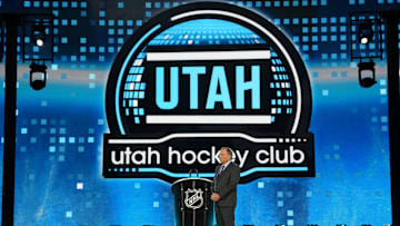 Jun 28, 2024; Las Vegas, Nevada, USA; NHL Commissioner Gary Bettman looks on as Utah Hockey Club is on the clock during the first round of the 2024 NHL Draft at The Sphere. Mandatory Credit: Joe Camporeale-USA TODAY Sports