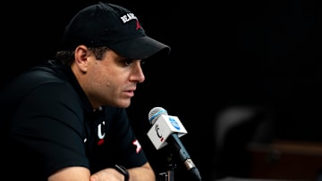 Cincinnati Bearcats head coach Wes Miller speaks at a podium at First Third Arena in Cincinnati on Wednesday, July 16, 2025.