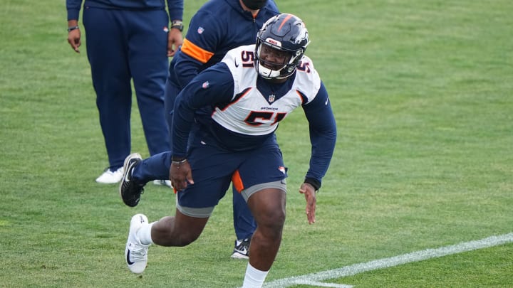 May 15, 2021; Englewood, Colorado, USA; Denver Broncos defensive end Marquiss Spencer (51) during rookie minicamp at the UCHealth Training Center. Mandatory Credit: Ron Chenoy-USA TODAY Sports