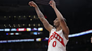 Mar 10, 2025; Toronto, Ontario, CAN; Toronto Raptors guard AJ Lawson (0) reacts after making a three point basket against the Washington Wizards during the second half at Scotiabank Arena. Mandatory Credit: John E. Sokolowski-Imagn Images
