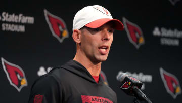 Arizona Cardinals head coach Jonathan Gannon addresses the media during a news conference at State Farm Stadium in Glendale on July 24, 2024.