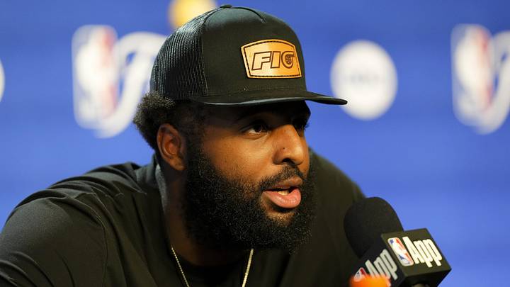 Jun 5, 2026; San Antonio, Texas, USA; New York Knicks center Mitchell Robinson (23) speaks with the media after the game between the Spurs and the Knicks in game two of the 2026 NBA Finals at Frost Bank Center. Mandatory Credit: Daniel Dunn-Imagn Images