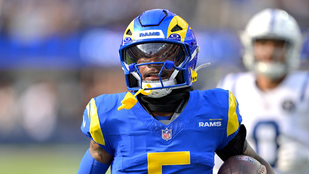 Sep 28, 2025; Inglewood, California, USA; Los Angeles Rams wide receiver Tutu Atwell (5) runs for a touchdown on an 88 yard pass play in the fourth quarter against the Indianapolis Colts at SoFi Stadium. Mandatory Credit: Jayne Kamin-Oncea-Imagn Images