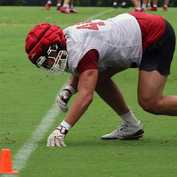 Oklahoma defensive end Taylor Wein working through drills at a fall practice.